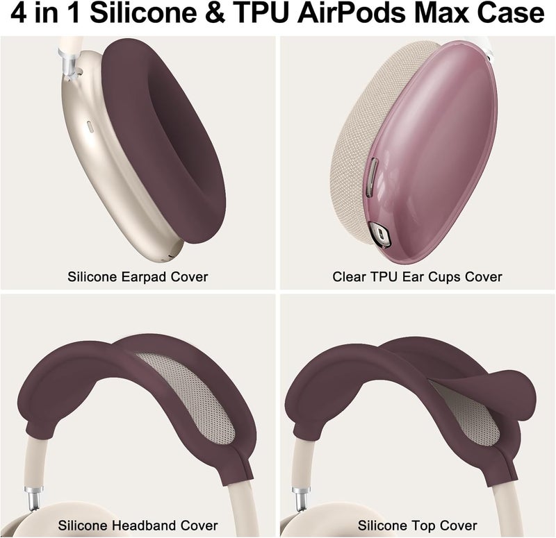 MINDRESY [4 in 1] Silicone Case Cover for AirPods Max, Clear Soft TPU Ear Cups Cover/Ear Pad Case Covers/Headband Covers Transparent Accessories for Apple AirPods Max (2024/2020)(USB-C/Lightning), Burgundy - Image 3
